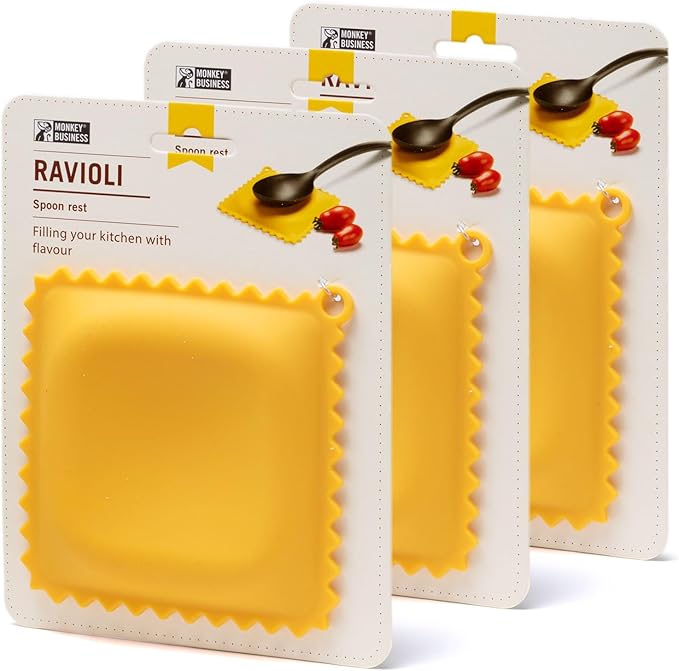 Monkey Business Ravioli Spoon Rest (3-Pack) - Silicone Kitchen Utensil Holder Set - Pasta-Shaped Heat Resistant Ladle Holders for Stove Top - Quirky Kitchen Decor