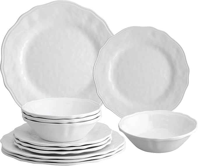 UPware 12 Piece Dimple Melamine Dinnerware Sets, Outdoor Dishes Set, Plates and Bowls Sets, Service for 4, White