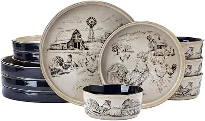 Pfaltzgraff Farmyard Rooster 12 Piece Farmhouse Style Dinnerware Set, Service for 4, Plate Bowl with High Rims, Rustic Design, Brown Black