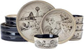 Pfaltzgraff Farmyard Rooster 12 Piece Farmhouse Style Dinnerware Set, Service for 4, Plate Bowl with High Rims, Rustic Design, Brown Black