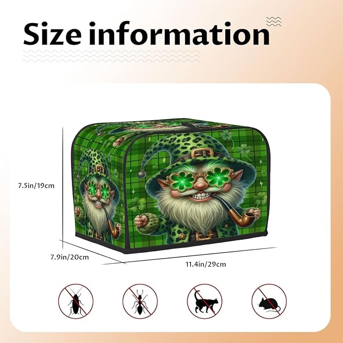 St Patrick Green Funny Gnome Toaster Cover 2 Slice Dust and Fingerprint Protection Toaster Bread Maker Covers Washable Kitchen Small Appliance Covers for Kitchen Accessories Decor Bakeware Women Gift