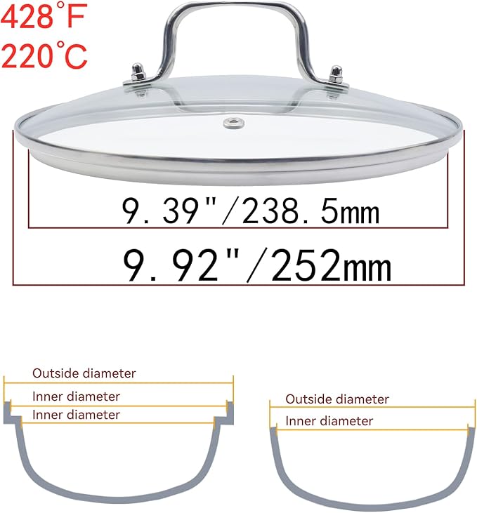 9.5 Inch Clear Glass Pot Lid for Frying Pan Replacement Cover Can Withstand 428°F (220℃) with Stainless Steel Arch Bridge Handle,Polished Silver