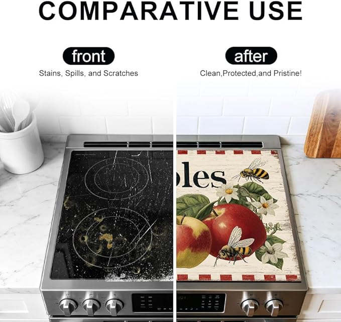 Stove Top Cover for Electric Stove 28.4 x 20.5 Inch Non Slip Stove Mat Oil Proof Apples Bees Glass Cooktop Protector Kitchen Mat
