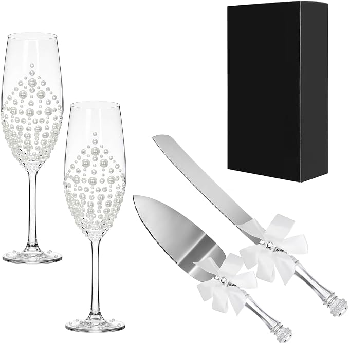 Boao Pearl Wedding Champagne Flutes and Cake Knife Server Set of 4, Champagne Flutes Toasting Glasses with Pearls for Bride and Groom Engagement Anniversary Bridal Shower Gifts (Grace,White)