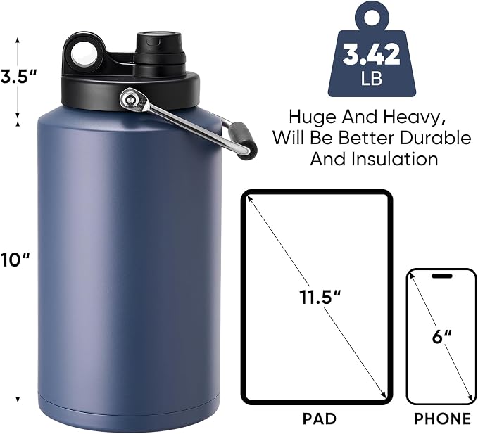 Insulated Gallon Jug with Handle, One Gallon, 128oz Stainless Steel, Large Double Vacuum Water Bottle for Cold Drinks, Wide Mouth, Sweat Proof, Carrier bag, Great for Travel, Camping, Dark Blue