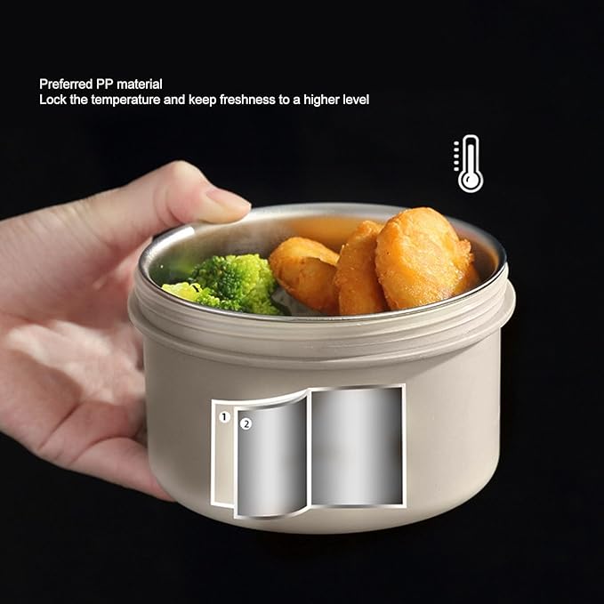 -Proof Thermal Lunch Container Set – 2-Piece Round Insulated Food Box in Premium 316 Stainless Steel with Carry Bag, Beige