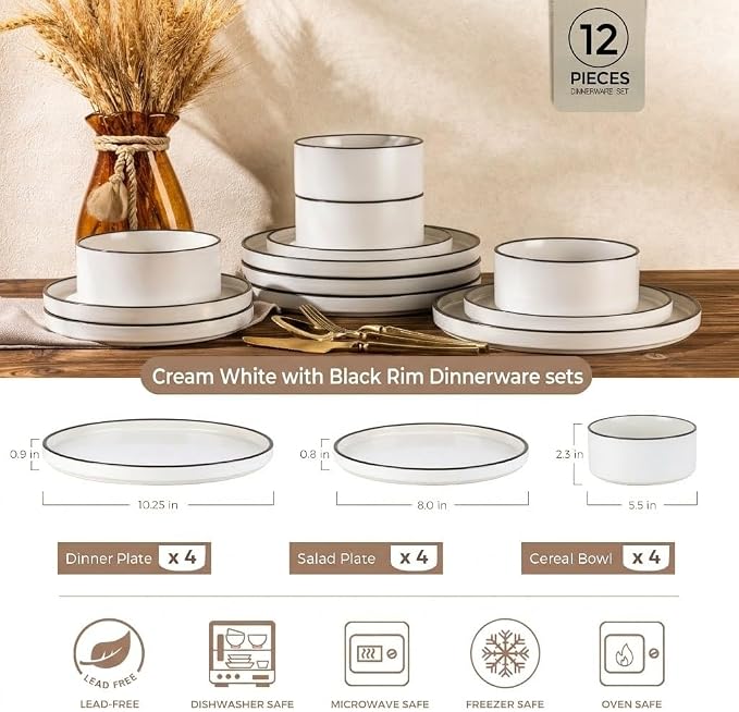 LERATIO Ceramic Dinnerware Sets for 4, High Edge Stoneware Plates and Bowls Set, Chip and Crack Resistant | Oven & Dishwasher & Microwave Safe Dishes Set, Service for 4