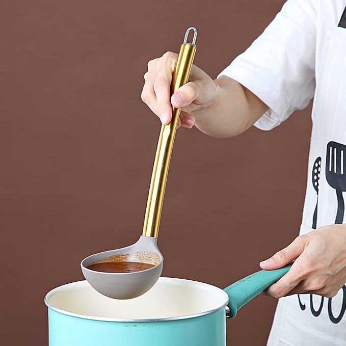 Gold Ladle, Berglander Non-stick Silicone Kitchen Ladle With Titainium Gold Plating handle, Soup Ladle, Cooking Ladle Soup Spoon For Cooking, Dishwasher Safe, Easy to Clean