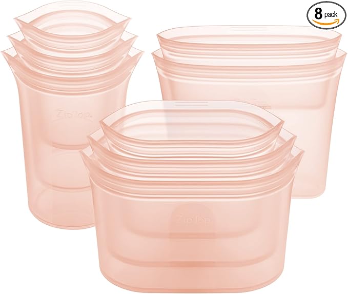 Zip Top Reusable Food Storage Bags | Full Set of 8 [Peach] | 100% Silicone Meal Prep Container | Microwave, Dishwasher and Freezer Safe | Made in the USA