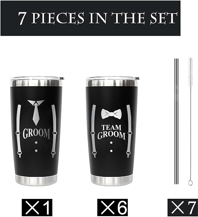 PartyGifts&beyond Groomsmen Gifts, 7Packs Bachelor Party Gifts Tumblers, Team Groom Cups 20 OZ Stainless Steel Tumbler with Lid and Straw for Wedding and Groomsman(Team Groom)