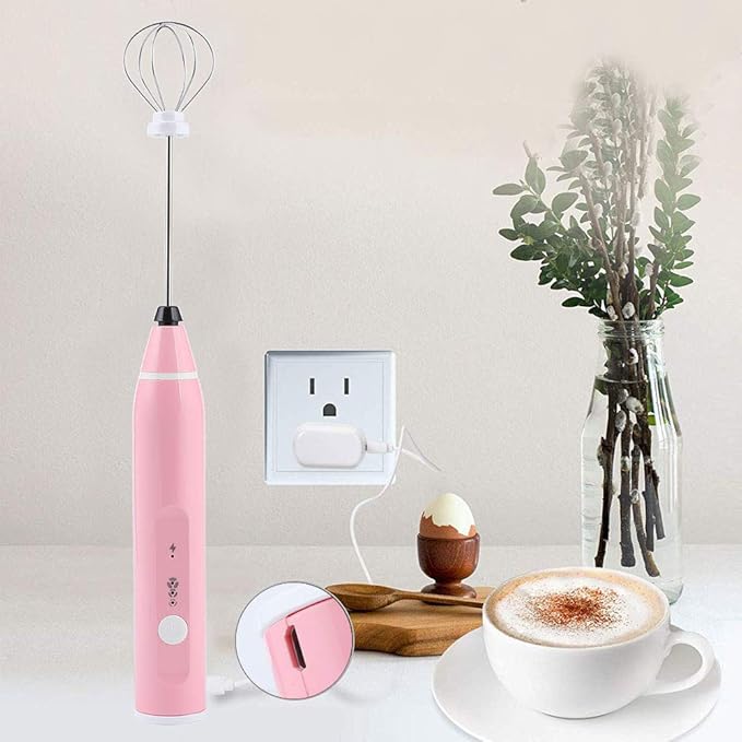Rechargeable Electric Milk Frother, 3 - Speed Handheld Coffee Mixer with USB Charging, Includes Balloon Whisk for Latte Art, Egg Beating, and Sauce Mixing (pink)