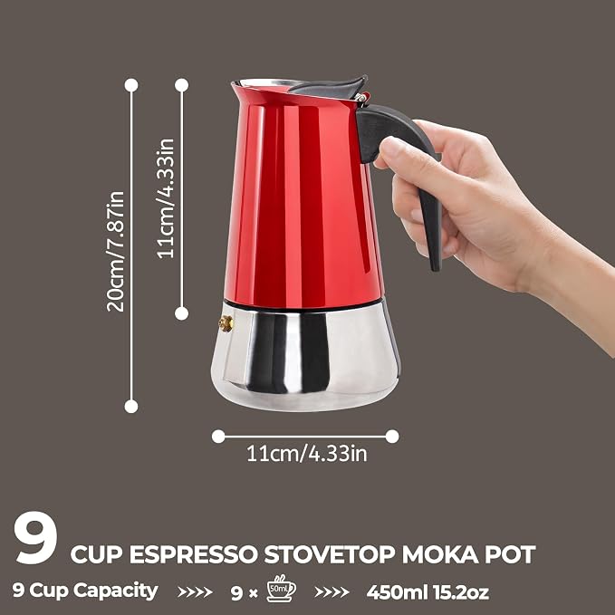 9 Cup 450ml Moka Pot Stainless Steel Espresso Coffee Maker Stovetop Coffeemaker Italian Classic Style Brewing Greca Cafe Mocha Machine for Cafeteras Lover Camping Travel and Home Use 15oz