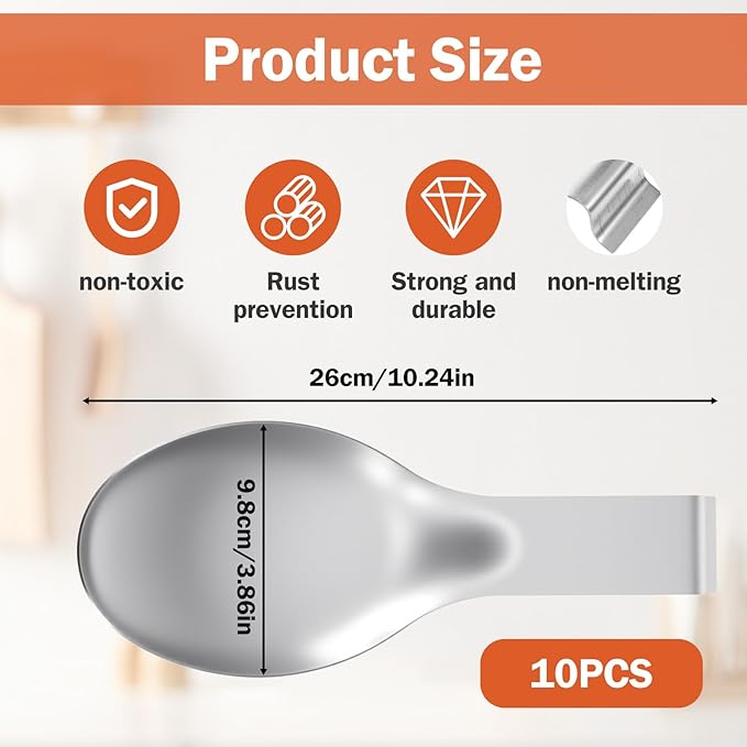 10 Pcs Silver Stainless Steel Spoon Rest, Heavy Duty Utensil Holder for Spatula & Ladle, Dishwasher Safe for Stove Top & Countertop Kitchen Cooking Utensils, 10.24 x 3.86 Inch