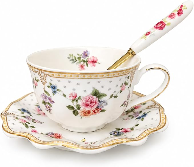 Noviko 7 oz Floral Tea Cups and Saucers Set Fancy Teacup for Women and Tea Parties