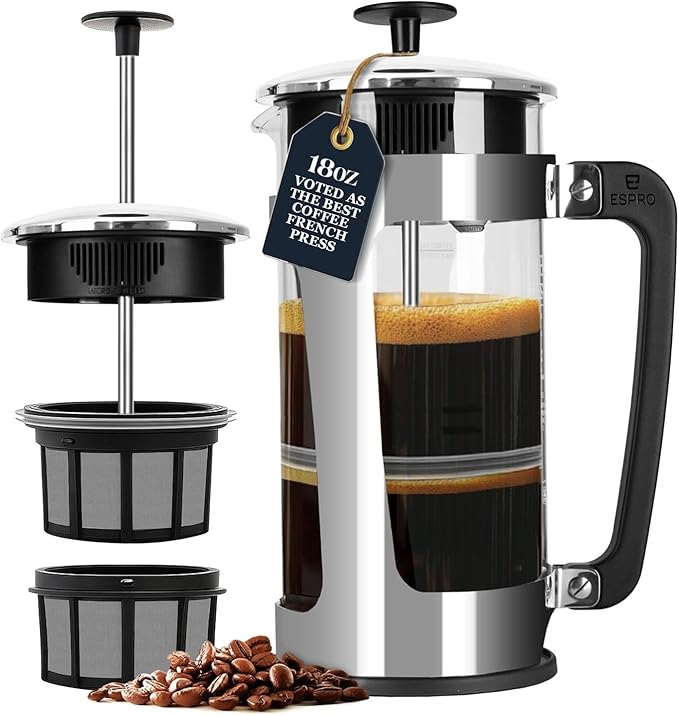 ESPRO Plus P5 French Press Coffee Maker – Patented Double Micro-Filter for Grit Free Brew, Heat-Resistant Thicker Borosilicate Glass Coffee Press – (18 oz)
