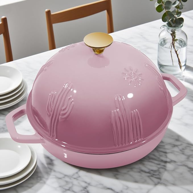 Flavehc Bread Oven Cast Iron Bread Dutch Oven with Cloche Lid for Bread Baking BerryPink Enameled Cast Iron Bread Oven with Dome Lid for Sourdough 5 qt