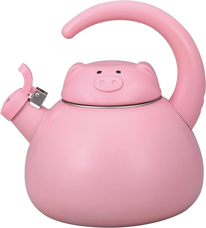 UPware Pink Pig Enamel on Steel Whistling Tea Kettle, Cute Animal Teakettle, 2.1 Quart