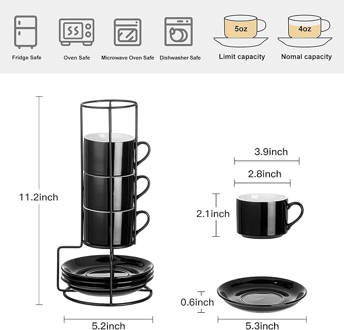 Espresso Cups Set of 4, 4oz Stackable Coffee Cups with Saucers and Metal Stand, Black Demitasse Cups, Expresso Shots Cup Set