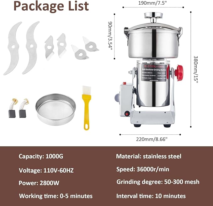 BI-DTOOL Electric Grain Mill Grinder 2800W Dry Material Grinding Machine 1000g Stainless Steel Pulverizer 36000r/min High-speed Grain Mill 270° swingable Superfine powder for Home and Commercial 1000g