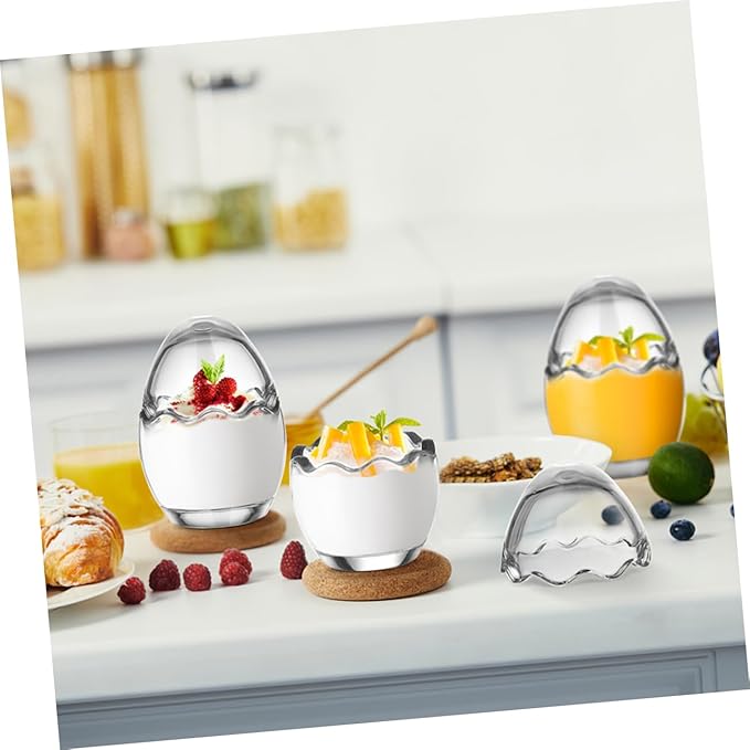 Cabilock 6pcs Heat Resistant Glass Egg Shaped Pudding Cups with Lids Reusable Transparent Yogurt Jars for Meal Prep Desserts and Snacks