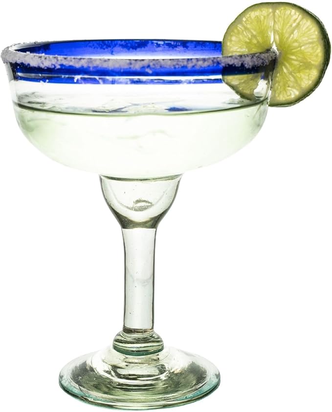 Cobalt Blue Rim Margarita Glasses Set of 4 – Hand Blown Mexican Glassware – 14 oz Recycled Glass Margarita Glass – Hand blown Mexican Drinking Glasses for Cocktails & Tequila