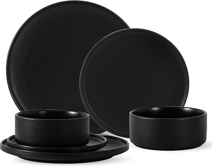 6 Piece Dinnerware Set, Modern Minimalist Stoneware Plates and Bowls Sets, Modern Dinner Plate, Salad Plate, Cereal Bowl, Dish Set for 2, Microwave and Dishwasher Safe, Matte Black
