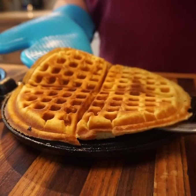Lehmans Cast Iron Waffle Maker - Two Piece Hinged Non-Electric Waffle Iron for Stovetop or Grill Makes 7 inch Round Waffles - Non-Drip Double Rim - 8 pounds