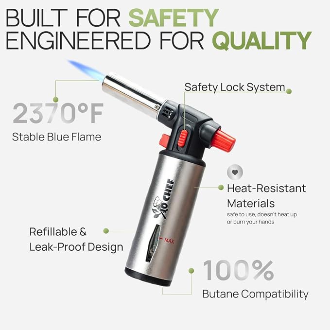 Jo Chef Butane Torch Lighter, Cooking Torch - Refillable Adjustable Flame Lighter with Safety Lock for BBQ, Baking, Brulee Creme, DIY + FREE Recipe eBook (Butane Not Included)