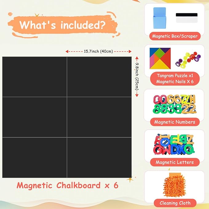 Magnetic Chalkboard Wall Decal Black Set of 6 Peel and Stick Magnet Sheets with Tangram Puzzle and Multiple Accessories Magnetic Chalkboard for Home Playroom and Classroom