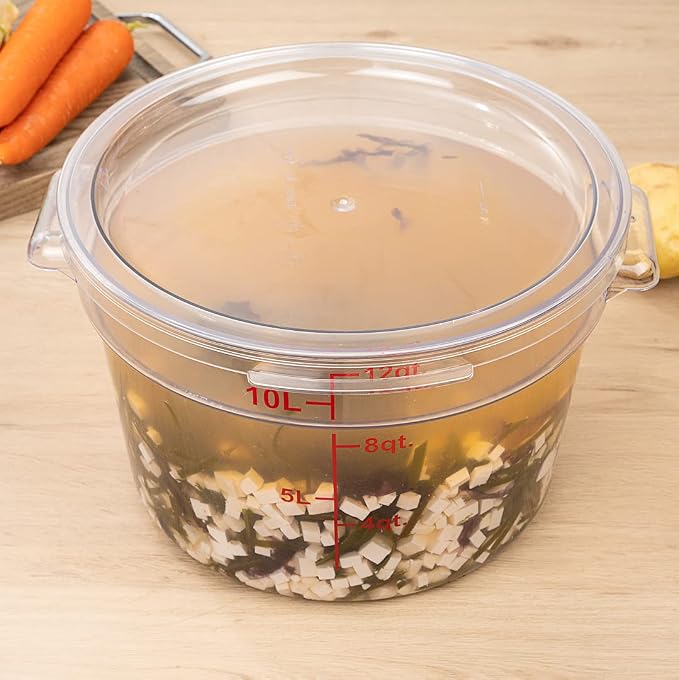 Restaurantware Met Lux 12 Quart Food Storage Container, 1 Round Commercial Storage Container - Lid Sold Separately, With Volume Markers, Clear Plastic Food Prep Bucket, Space-Saving Storage