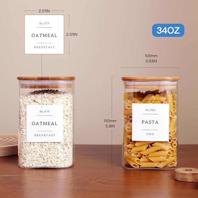 CZZGSM 6 Pack Square Kitchen Storage Jars with Airtight Bamboo Lids and 132 Pantry Labels - 35oz Glass Canisters With Wood Lids - Food Storage Containers for Coffee, Cookie, Tea, Spice