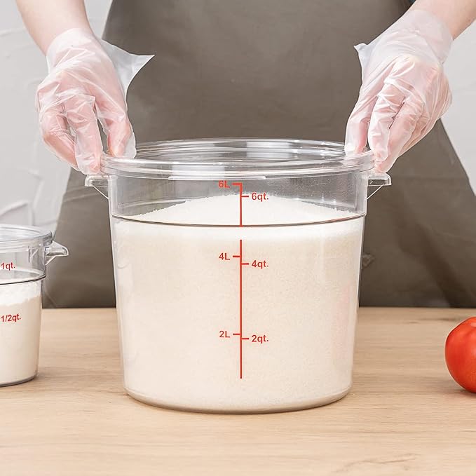 Restaurantware 6 Quart Plastic Food Storage Container - Durable Clear Polycarbonate Storage Bin - Round Food Prep Storage with Red Graduations - Dishwasher Safe Commercial Kitchen Use