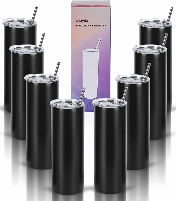 20 Oz Stainless Steel Straight Skinny Tumbler Set (8 Pack), Insulated Slim Thin Travel Cup with Lid, Black