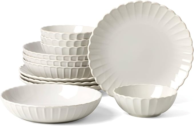 Lenox Dinnerware Set, French Perle Scallop White 12-Piece Set, Service For 4, Stoneware, Dishwasher Safe, Microwave Safe, Plates and Bowls sets, Dish Set, Plate Set, Home And Kitchen (White, 12 Piece)