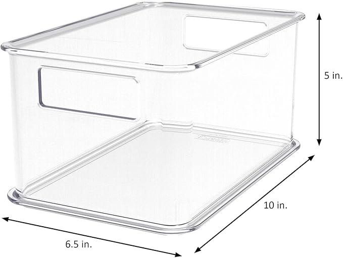 Clearly 4-Pack Clear Plastic Organizing Bins, 10x6.5x5 Inch – Stackable Pantry Storage with Handles – BPA-Free Fridge, Freezer, and Cabinet Organizer – Made in the USA