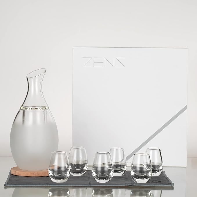 ZENS Sake Set Glasses, 8.5 Ounce Sake Carafe Cups with 6 Saki Cup Set for Warmer or Cold Japanese Wine with Stone Coaster Gift Sets