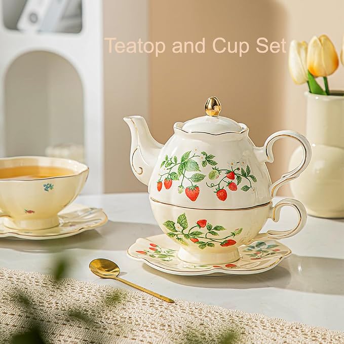 Domini Teapot cup combo,Teapot and Teacup for One,Tea Cup and Saucer Set-Tea Pot Set Gift for Women(Flower)