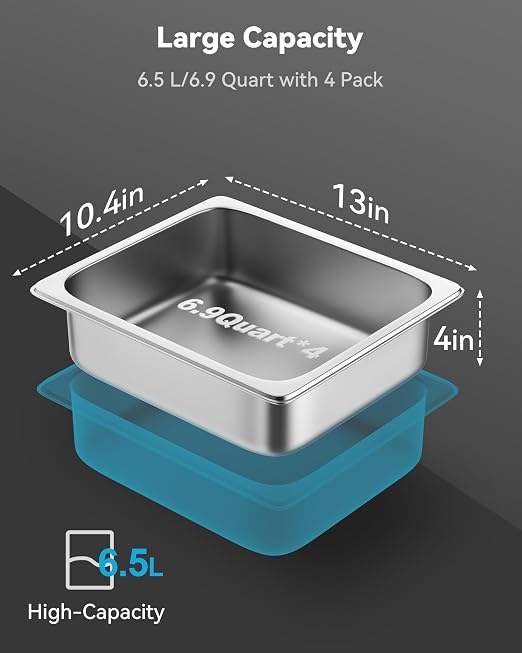 ZeroPone 4 Pack Hotel Pans with Lids, 1/2 Size 4" Deep Steam Table Pans, Stainless Steel Food Pans 22 Gauge Anti Jam 12.8" L x 10.4" W Commercial Food Storage Containers