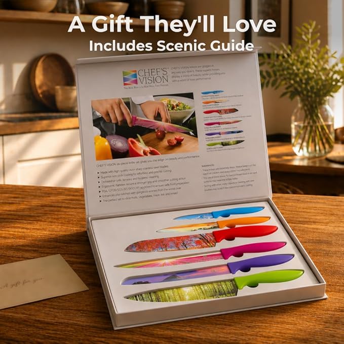 CHEF'S VISION Landscape Knife Set - 6-Piece Stainless Steel Cutting Knives Set for Kitchen with Stunning Nature Scenes - Perfect House Warming Gift for Women or Men - Unique Kitchen Knife Set Gift