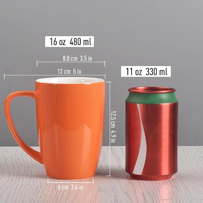 homEdge Porcelain Mug Set, 16 Ounces Cup for Tea, Latte, Mocha, Hot Chocolate, Set of 6, Orange