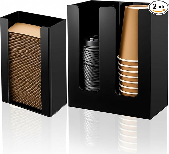 AceOrbit 2 Pack Coffee Cup Sleeve Holder, Coffee Cup and Lid Storage Organizer Holder,Black Vertical Dispenser for Bar Kitchen Restaurant