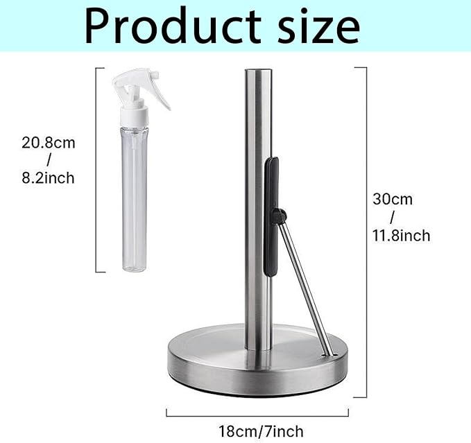 2-in-1 Standing Paper Towel Holder with Spray Bottle, Paper Towel Stand with Suction Base & Weighted Arm for Kitchen, Countertop, Stainless Steel Brushed Nickel Finish (Black)