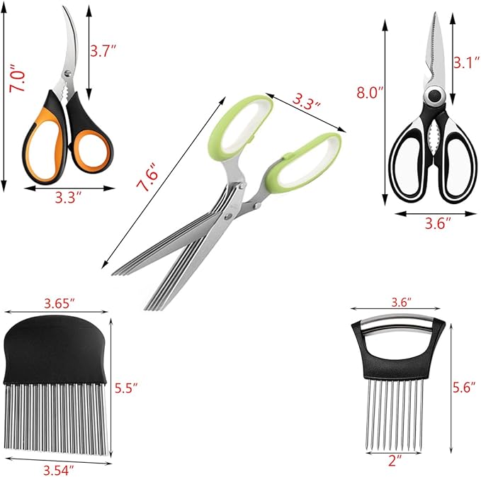5-Blade Herb Scissors, Kitchen Shears, Seafood Scissors, Onion Holder Slicer and Potato Crinkle Cutter, yamesu Kitchen Gadget Salad Herb Tools 5 Sets