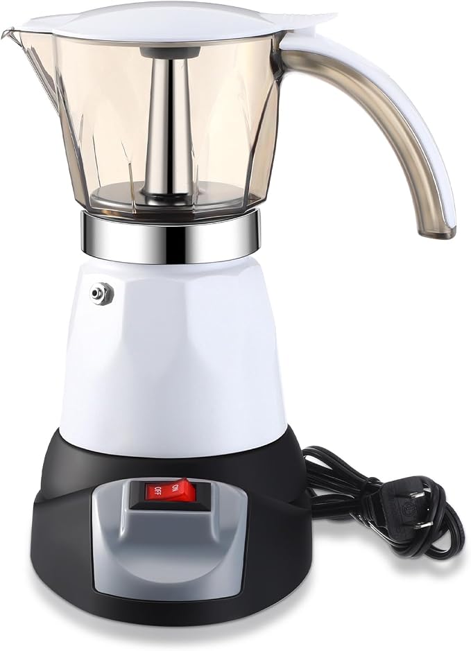 Electric Espresso Maker Transparent Coffee Maker Electric Moka Pot Portable Aluminum Espresso Machine Italian Moka Pot with Detachable Base, Coffee Gift for Women Men Home Travel (White,6 Cup)