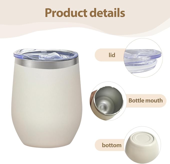YOUKE OLA 18 Pack Stainless Steel Wine Tumbler with lid, 12oz Insulated Powder Coated Wine Tumbler Stemless Double Wall Vacuum Wine Glass Coffee Tumbler Bulk for Laser Engrave, DIY Gift, Cream White