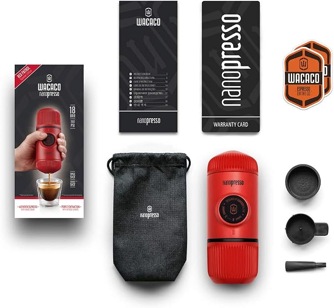 WACACO Nanopresso Portable Espresso Maker, Upgrade Version of Minipresso, 18 Bar Pressure, Red Patrol Edition, Small Travel Coffee Maker, Manually Operated, Compatible with Ground Coffee