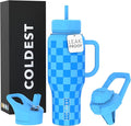 Coldest Tumbler with Handle and Straw - 100% Leak Proof Insulated Tumbler with Lid and Straw (3 Lids) - Stainless Steel Tumblers for Women & Men - Cup Holder Friendly Base, 36 oz (Blue Checkers)