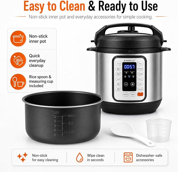 KINGBULL 6QT Electric Pressure Cooker – 12-in-1 Multi Cooker, One-Touch Programs for Rice, Soup, Meat, Steam, Yogurt, Slow Cook, Keep Warm & Delay Start