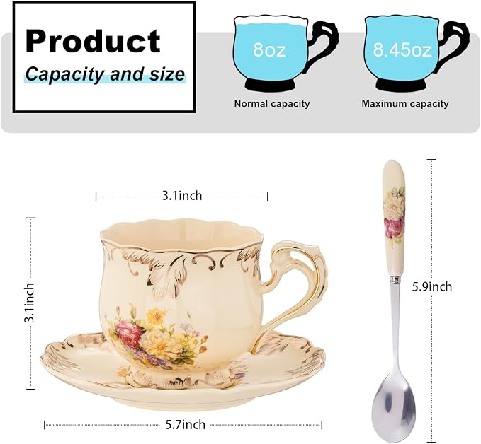 YOLIFE Tea Cups and Saucers Set of 2, Vintage Porcelain Tea Cups Set Floral with Gold Leaves Trim Design - 8 oz (Flowering Shrubs with Gift Box(no stand))