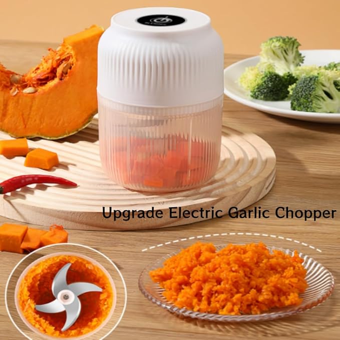2026 Upgrade Electric Garlic Chopper, Mini Portable Veggie Chopper, 300ml Food Choppers Cordless, USB Charging Small Garlic Cutter for Mashing Onion, Chili, Ginger (White, 4 blades)